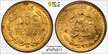 1945-Mo 2 Peso KM-461  Au MS66