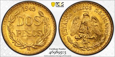 1945-Mo 2 Peso KM-461  Au MS66