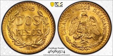 1945-Mo 2 Peso KM-461  Au MS66