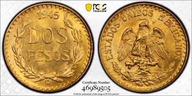 1945-Mo 2 Peso KM-461  Au MS66