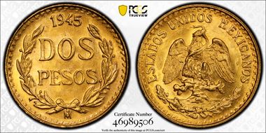 1945-Mo 2 Peso KM-461  Au MS66
