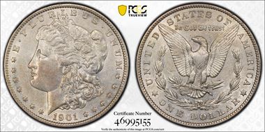 1901 $1 Doubled Die Reverse AU53