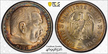 1935-A 5 Mk Hindenburg J-360 MS64