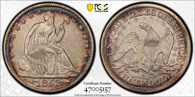 1853-O 50C WB-12 Arrows and Rays AU50