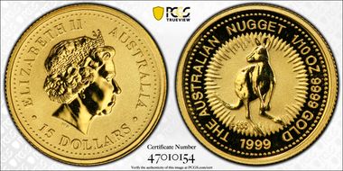 1999-P100 $15 Kangaroo-Nugget 1/10oz Au MS69