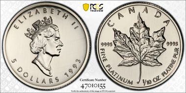 1993 $5 Maple Leaf/Pt MS69