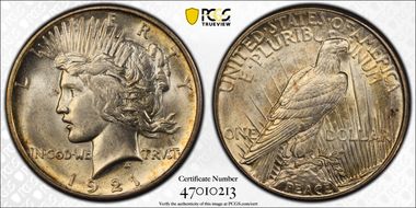 1921 $1 High Relief, Peace AU58