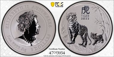 2022-P $8 Year of the Tiger 5oz Ag MS69