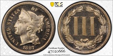 1887/6 3CN Strong Overdate PR67CAM