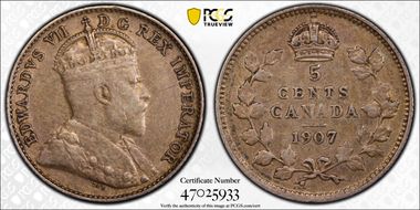 1907 5C Narrow Date AU50