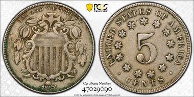 1867 5C No Rays VF35