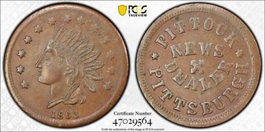 1863 Token F-765P-1a Copper PE Pittock AU58BN