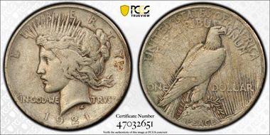 1921 $1 High Relief, Peace VF35