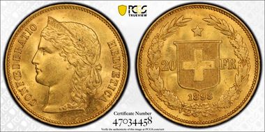 1893 B 20 Fr KM-31.3  Au MS63