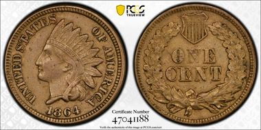 1864 1C Copper-Nickel AU50