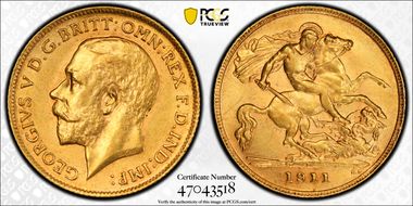 1911-P 1/2 Sov S-4008 AU58