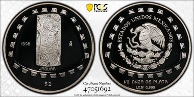 1998-Mo 2 Peso Jaguar KM-662  Ag PR69DCAM