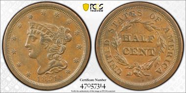 1851 1/2C AU50BN