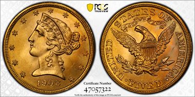 1908 $5 Liberty MS66