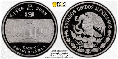 2005-Mo 20 Peso 80th Ann Bank of Mexico PR68DCAM