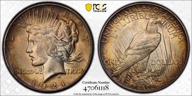 1921 $1 High Relief, Peace MS62