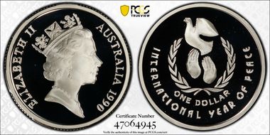1990 $1 Year of Peace Ag PR70DCAM