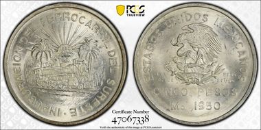 1950-Mo 5 Peso Southeastern Railroad KM-466  Ag MS65