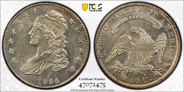 1834 50C O-111, Sm Date Sm Let AU58