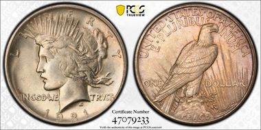 1921 $1 High Relief, Peace MS63