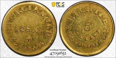 (1837-42) $5 C. Bechtler, Georgia Gold RUTHERF: AU58
