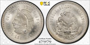 1948-Mo 5 Peso Cuauhtemoc KM-465  Ag MS66