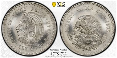 1948-Mo 5 Peso Cuauhtemoc KM-465  Ag MS66+