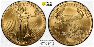 2007-W $50 Burnished Gold Eagle SP70
