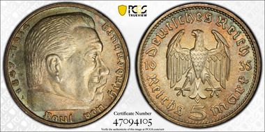 1935-A 5 Mk Hindenburg J-360 MS63