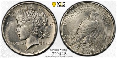 1921 $1 High Relief, Peace MS62