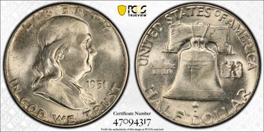 1951 50C Obv Die Clash FS-402 MS66