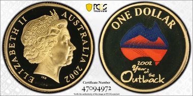 2002 $1 Year of the Outback Colorized Al-Br PR70DCAM