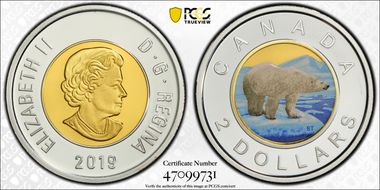 2019 $2 Polar Bear Selective Gilt Silver Colorized PR69DCAM