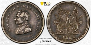 1864 Token F-142/349f Silver Maj. Gen. Geo. B. MClellan AU55