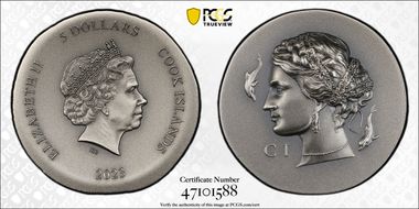 2023 $5 Arethusa Ag Antique Finish Ultra High Relief MS70