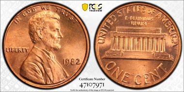 1982 1C Bronze, Large Date MS66RD