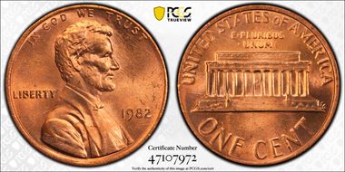 1982 1C Bronze, Small Date MS65RD
