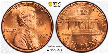 1982 1C Zinc, Large Date MS67+ RD