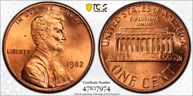 1982 1C Zinc, Small Date MS65+ RD