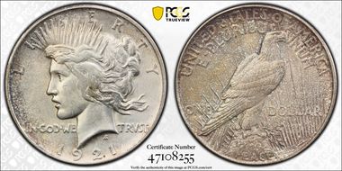 1921 $1 High Relief, Peace N1