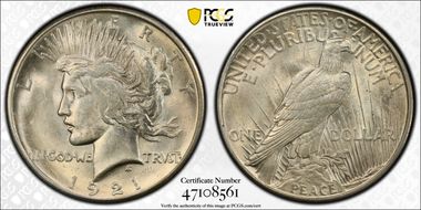 1921 $1 High Relief, Peace MS62