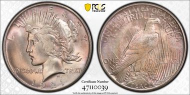 1921 $1 High Relief, Peace MS66