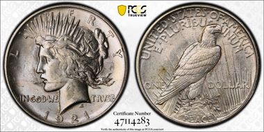 1921 $1 High Relief, Peace MS63