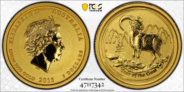 2015-P $5 Year of the Goat  1/20oz Au MS70