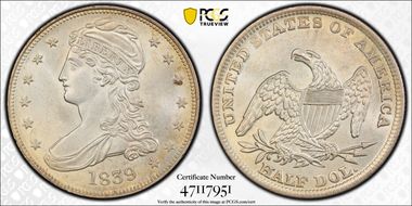 1839 50C Capped Bust MS62